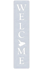 Vertical aluminum wall sign with the word 'WELCOME' cut out. The 'O' is replaced by a detailed cutout of the Labrador map. The sign features smooth edges with a brushed metal finish and four mounting holes, one at each corner.